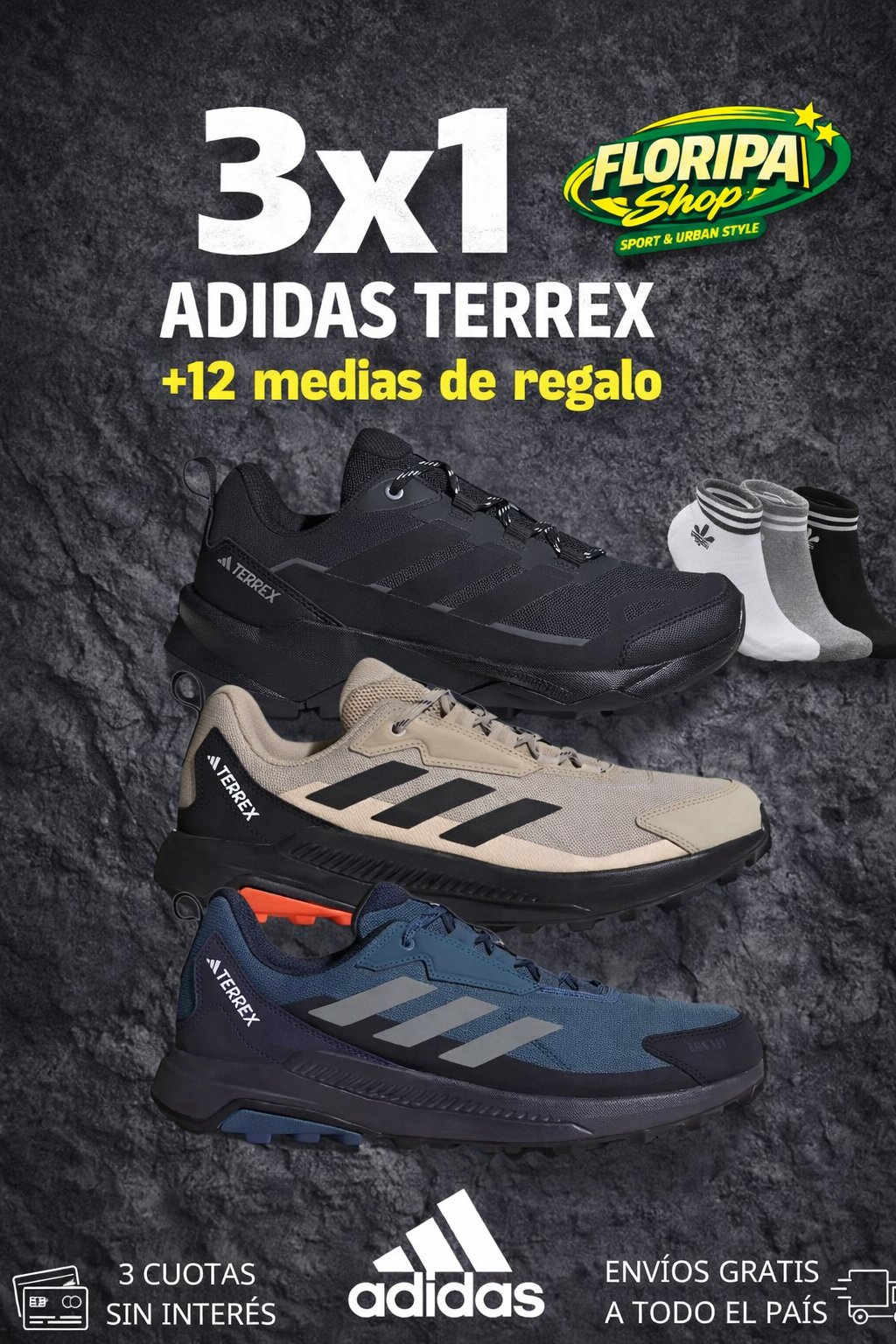 3X1 ADIDAS: 3 PARES DE ZAPATILLAS TERREX AL PRECIO DE 1 +12 PARES DE MEDIA DE REGALO